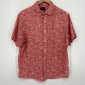 Untuckit Short Sleeve Button Shirt Men's L Red Slim Fit Floral Print 100% Linen